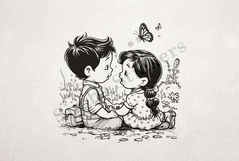 Boy and girl sitting holding hands, outline art