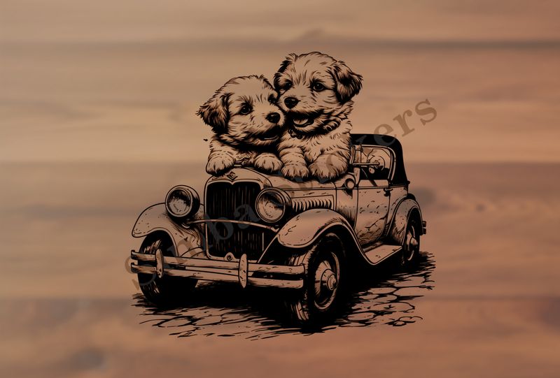 Dogs in love sitting on the hood of a classic car, outline art