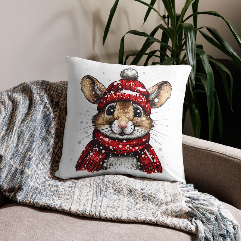 Pillow case 22x22, Mouse wearing red winter hat and scarf in the snow, xg8dl3