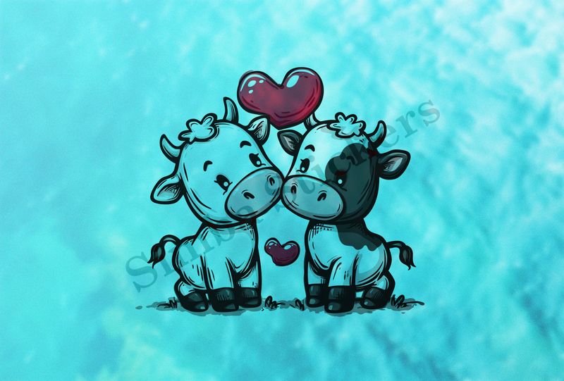 Cattle, bull and cow in love, playful , hearts in picture, outline art