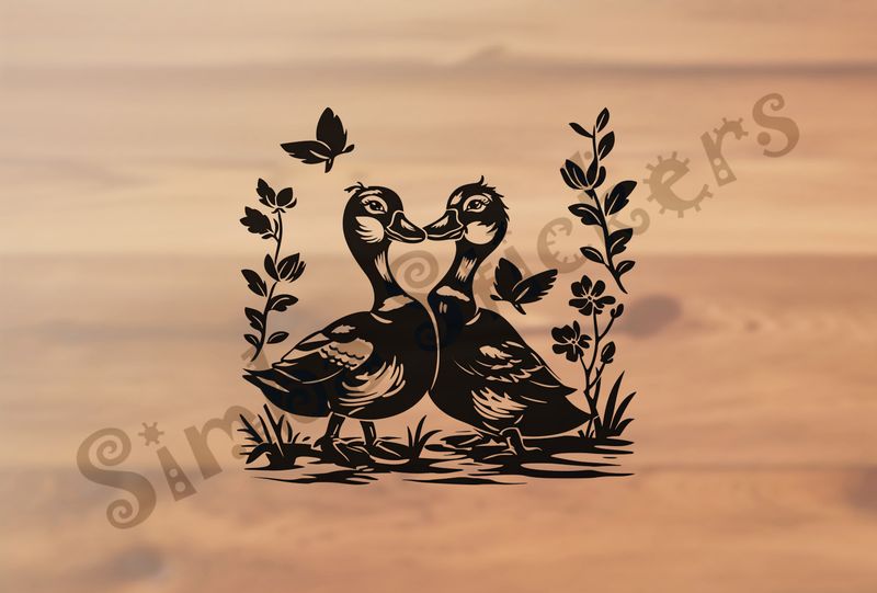 Ducks beak-to-beak, butterflies around them, outline art