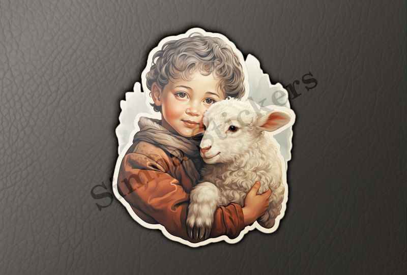 Lamb hugged by small boy , vintage