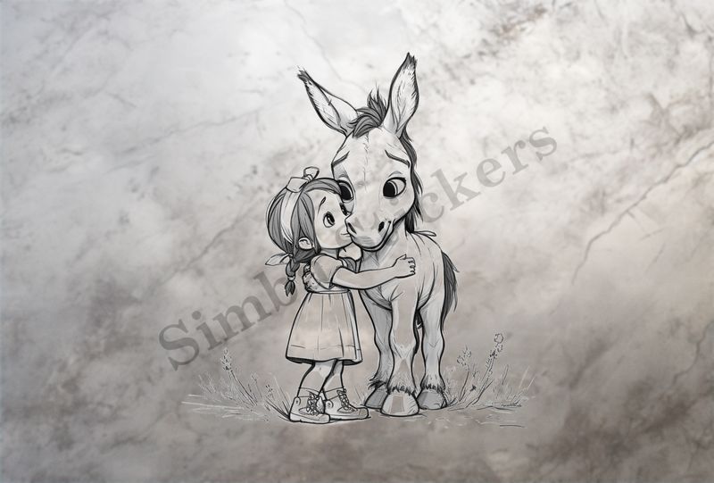 Small donkey being hubbed by a small girl outline art