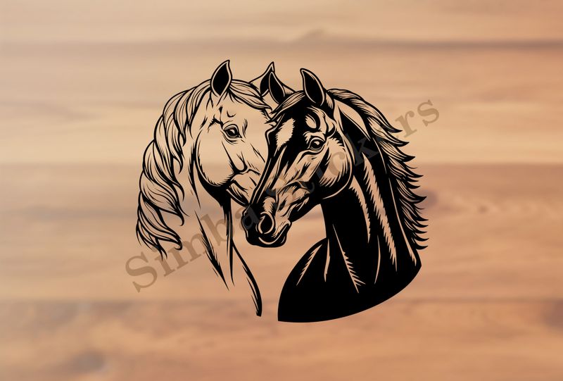 Horses in love, black and white bust outline art
