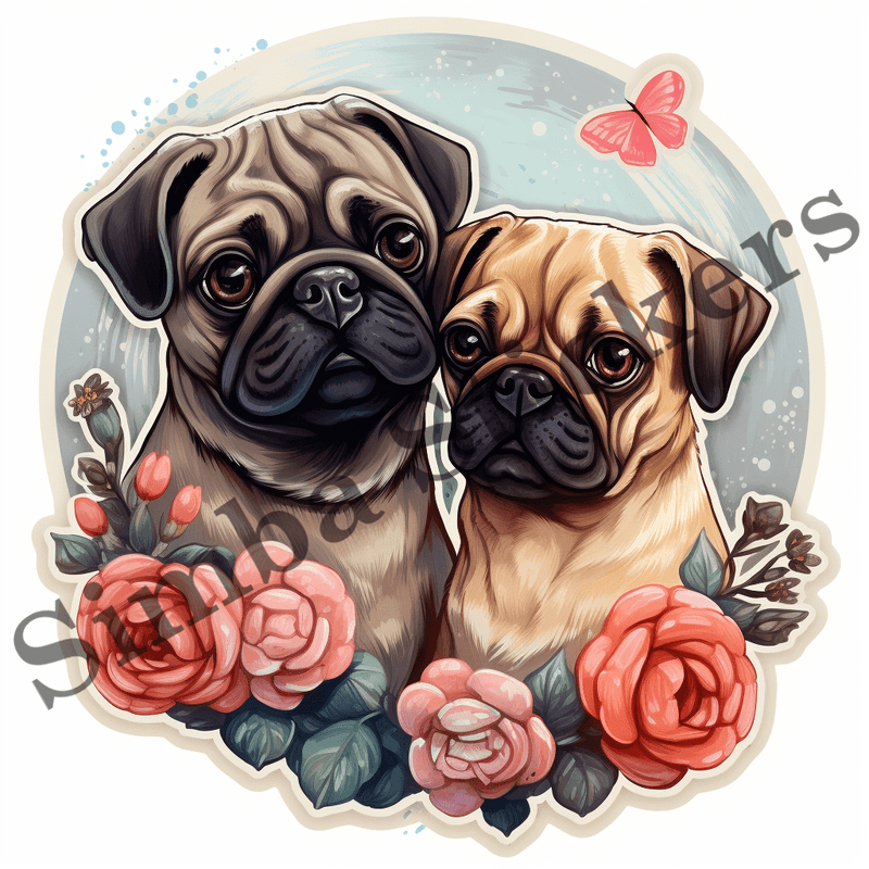 Pug dogs in love, image set, 10 images