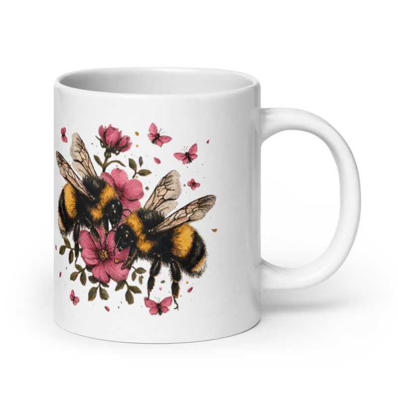 White Glossy Mug, 20oz, Bees in love buzzing around pinkish flowers, vintage style 