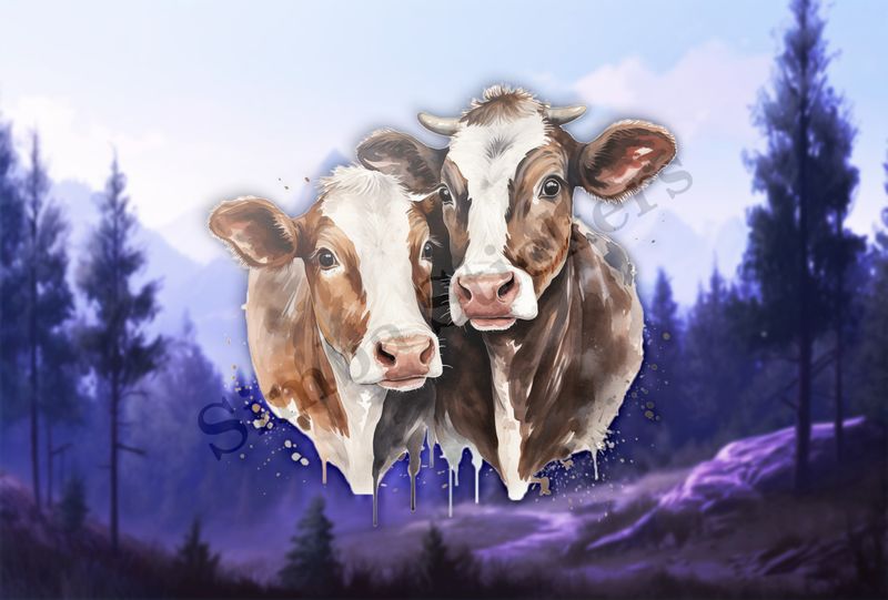 Cows,both brown,  cheek-to-cheek, watercolour