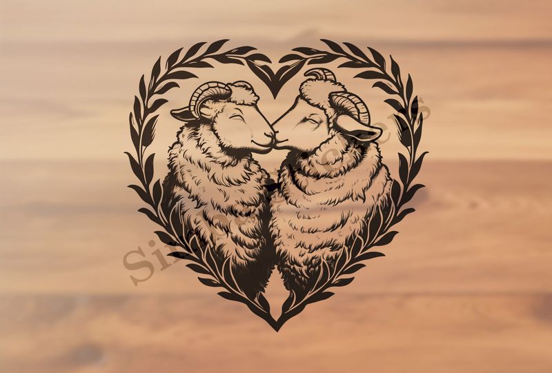 Sheep in love, in hear-shaped wreath, outline art