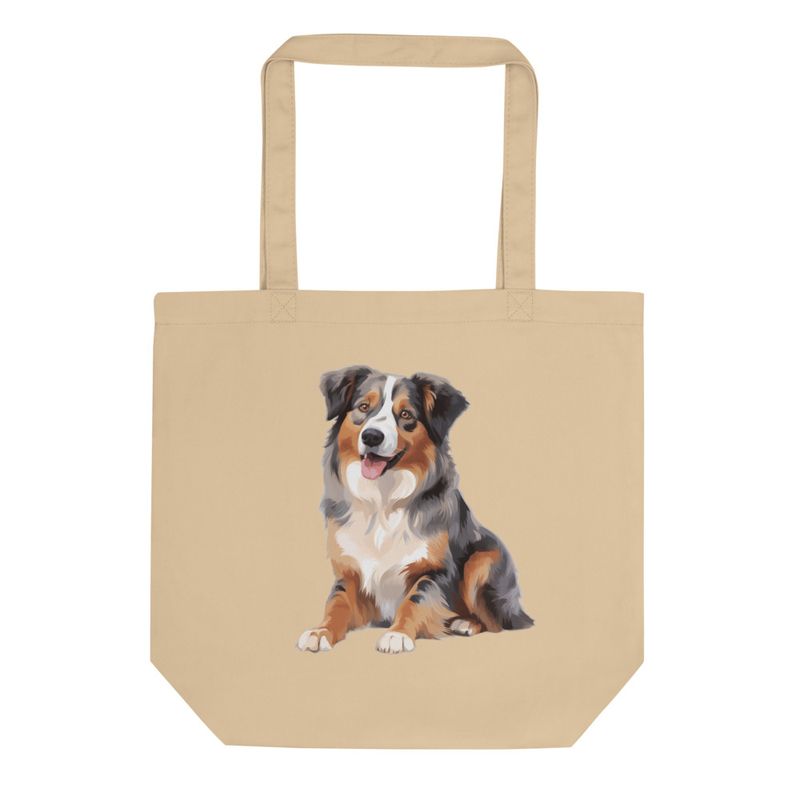 Eco Tote Bag, Australian Shepherd dog sitting with tongue out, multiple colours