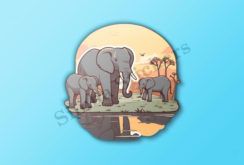 African elephant family at a pond in the Savanna