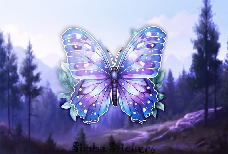 Purple and blue butterfly on leaf, watercolour, bpg3ck