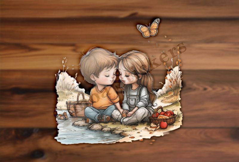 Boy and girl in love, holding hands next to a small stream, watercolour