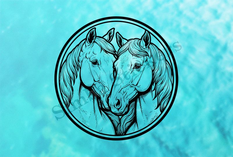 Horses nose-to-nose, in a circle, outline art