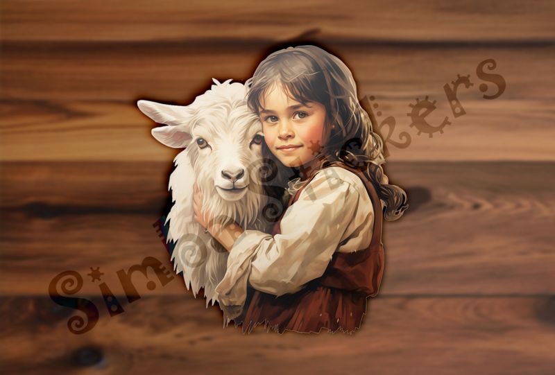 Goat kid in arms of brunette girl
