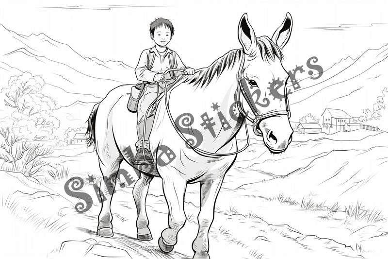 Colouring pages, bundle of mules carrying passengers, 10 images