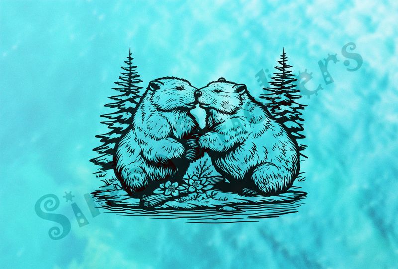 Beavers nose-to-nose in the woods, outline art