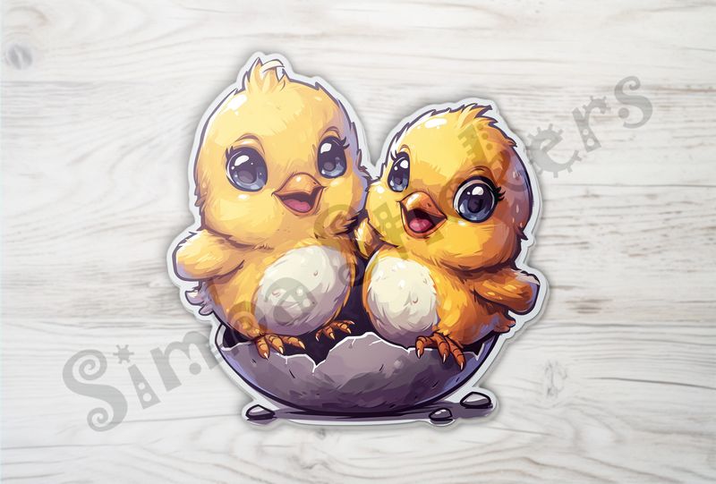 Happy Chick twins standing on eggshell