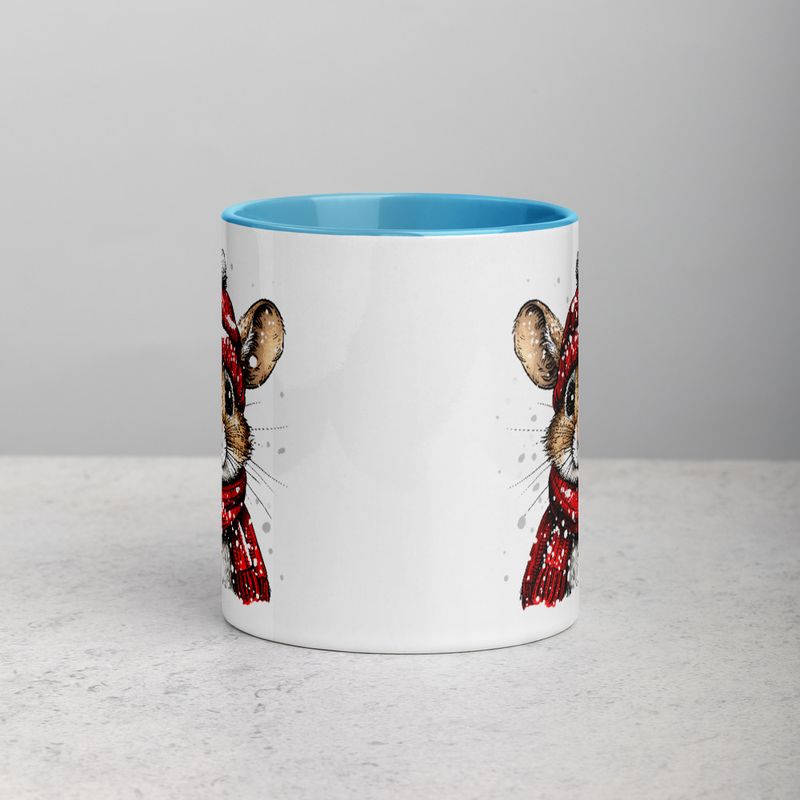 White Ceramic Mug with Color Inside, 11&amp;15oz, Mouse wearing red winter hat and scarf in snow, xg8dl3