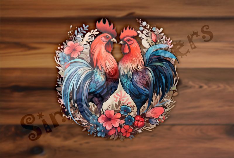 Cock and hen in love, flowers all over, watercolour