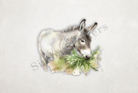 Donkey eating grass, watercolour