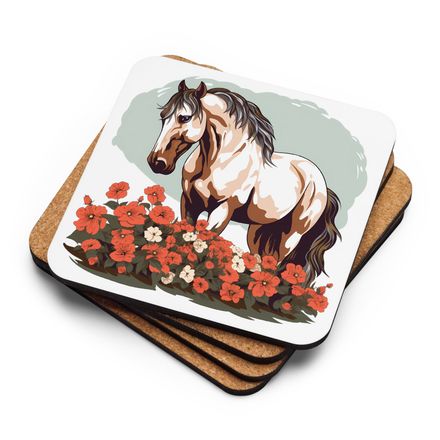 Cork-Back Coaster, Brown horse in field of red flowers, n4w2fj, mirrored
