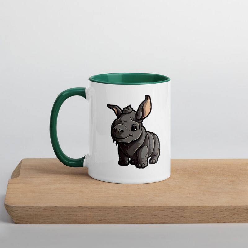 White Ceramic Mug with Color Inside, 11oz &amp; 15oz, Black rhino calf looking cute 