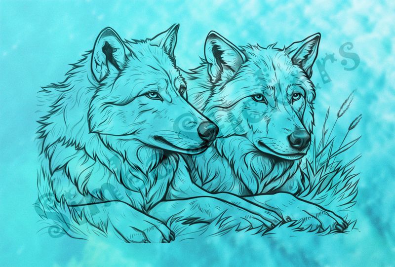 Wolves sitting in the grass, outline art