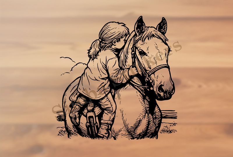Horse climbed onto by young girl, outline art