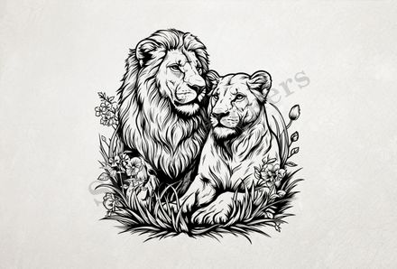 Lion with lioness, in the midst of flowers , outline art