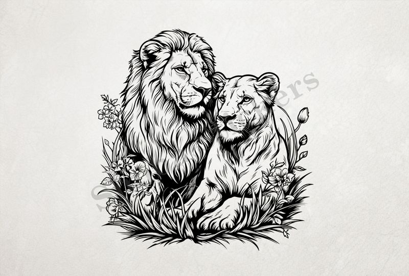Lion with lioness, in the midst of flowers , outline art