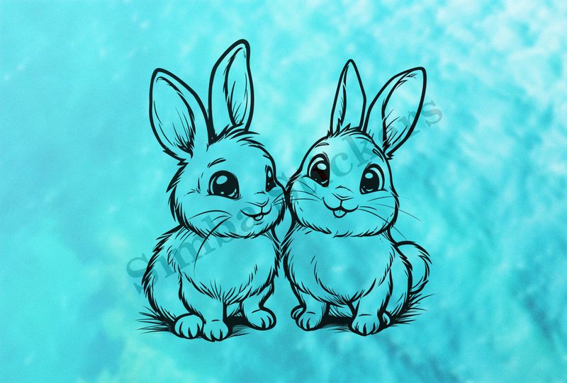 Bunnies in love, smiling,  outline art