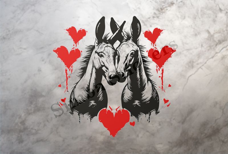 Donkeys nose-to-nose in love,  red hearts, outline art