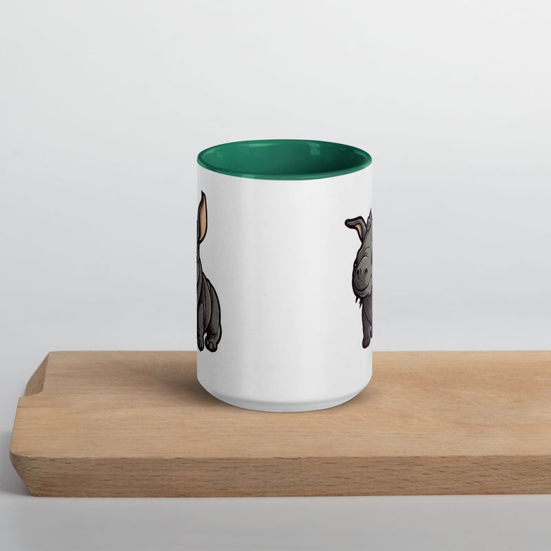 White Ceramic Mug with Color Inside, 11oz &amp; 15oz, Black rhino calf looking cute 