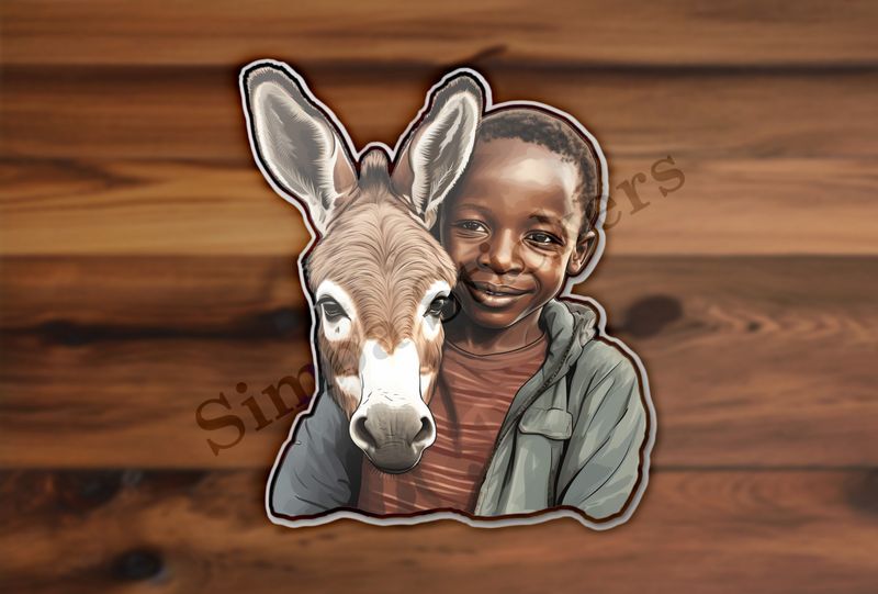 Donkey hugged by child of African origin