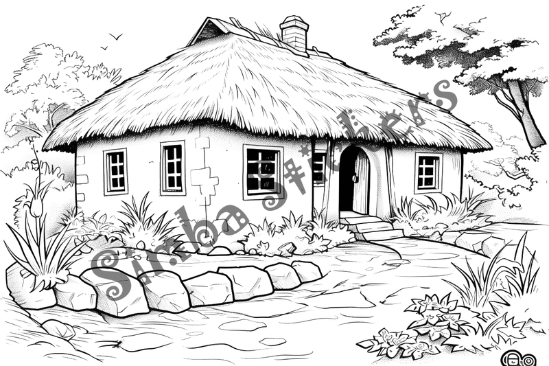 Colouring pages, bundle of houses, African thatched, 10 images