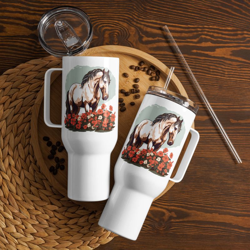 Travel Mug, Cattle, Brown horse in field of red flowers, n4w2fj