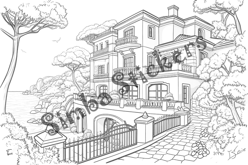 Colouring pages, bundle of houses overlooking the sea, 10 images