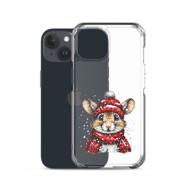 Clear Case for iPhone, Mouse wearing red winter hat and scarf in the snow, xg8dl3