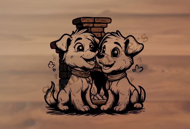 Cute dogs by the fireplace, outline art