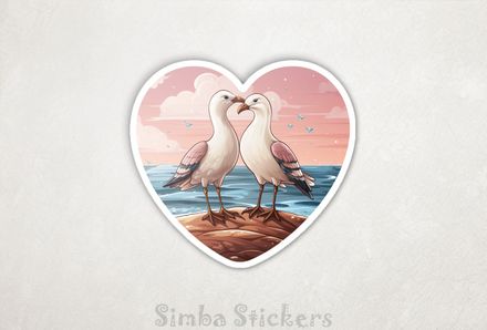 Seagulls in love in pinkish sunset inside Valentine&#x27;s heart, rvjzrm