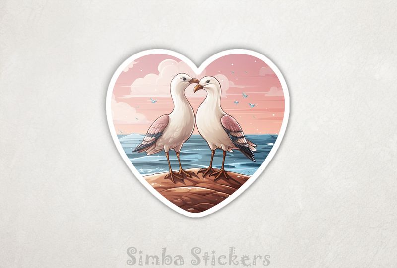 Seagulls in love in pinkish sunset inside Valentine&#x27;s heart, rvjzrm
