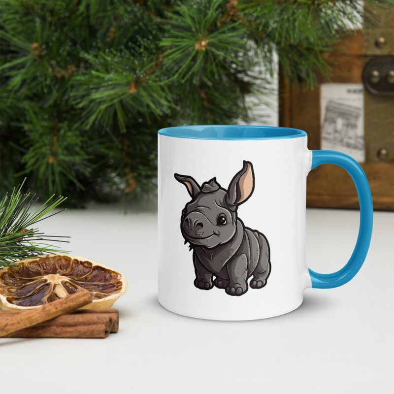 White Ceramic Mug with Color Inside, 11oz &amp; 15oz, Black rhino calf looking cute 
