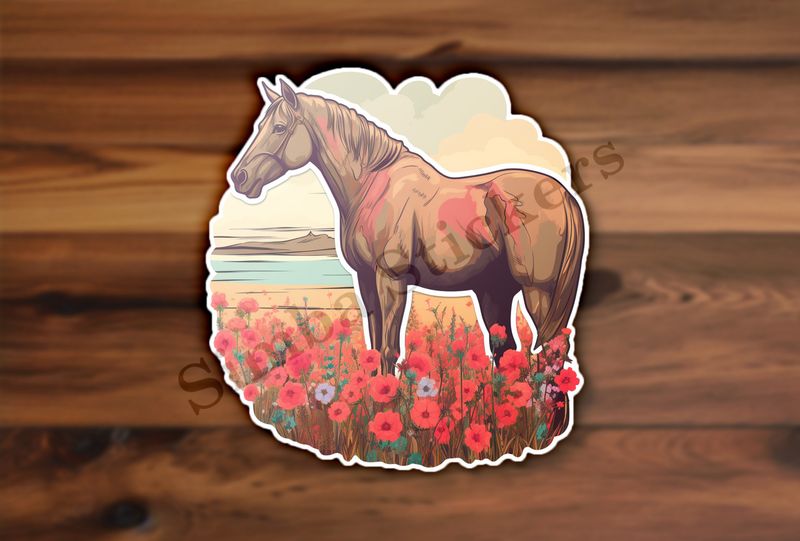 Brown horse behind red flowers