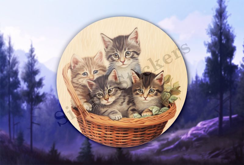 Four kittens in a basket, vintage watercolour