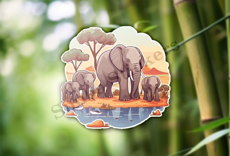 African elephant family at a pond in the Savanna
