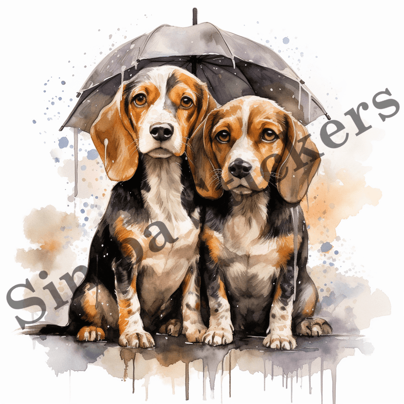 Beagle dogs in the rain, image set, 10 images