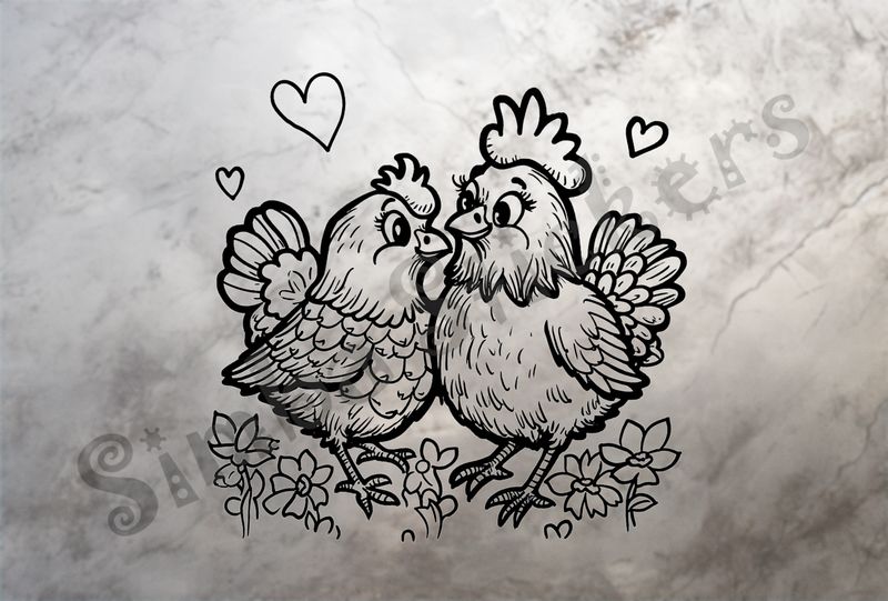 Rooster and hen chicken in love, romantic hearts, outline art