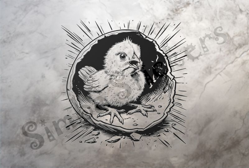 Chick still inside half-open shell, light behind shell, outline art