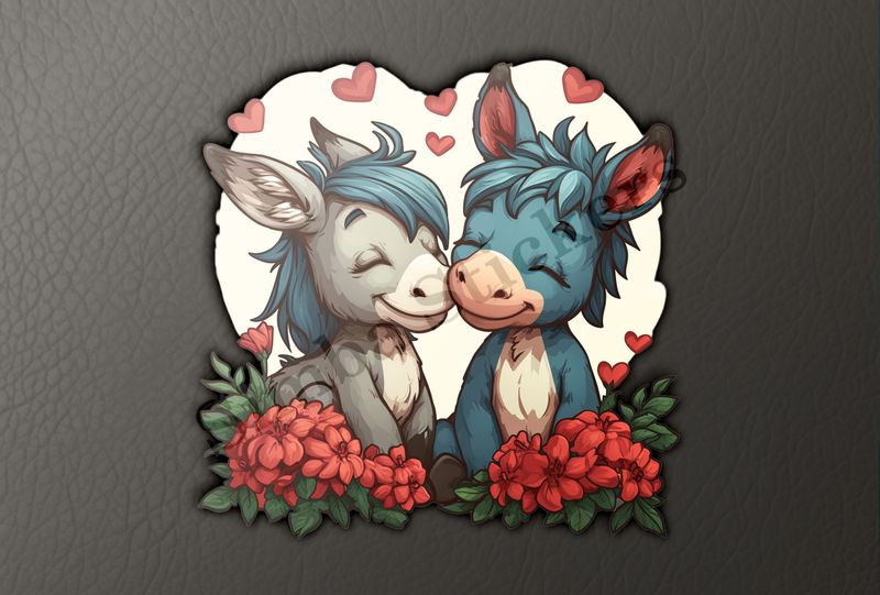 Small donkeys in love, flowers all around