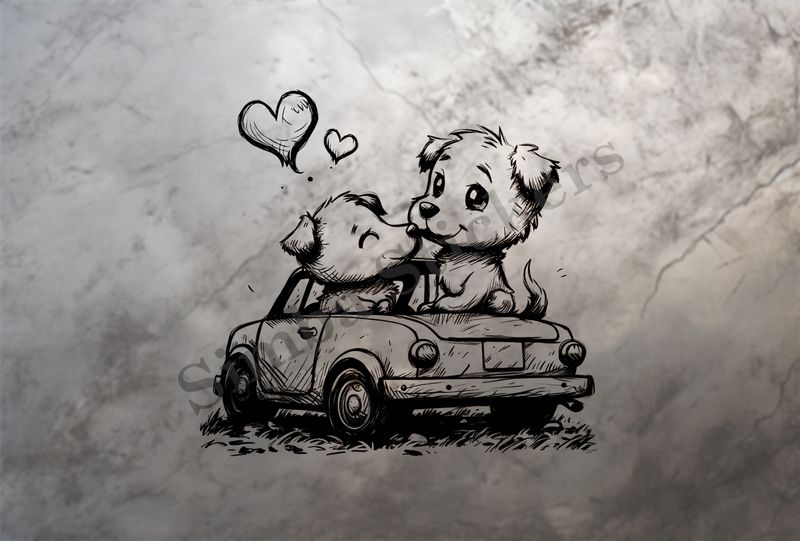 Dogs in love sitting in a car, outline art